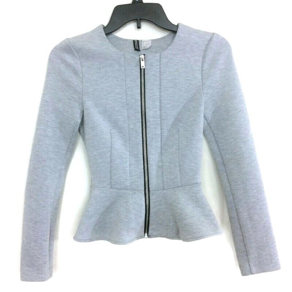 Divided by H&M Women Heather Gray Jacket Blazer Zip Up Peplum Hem Size 2